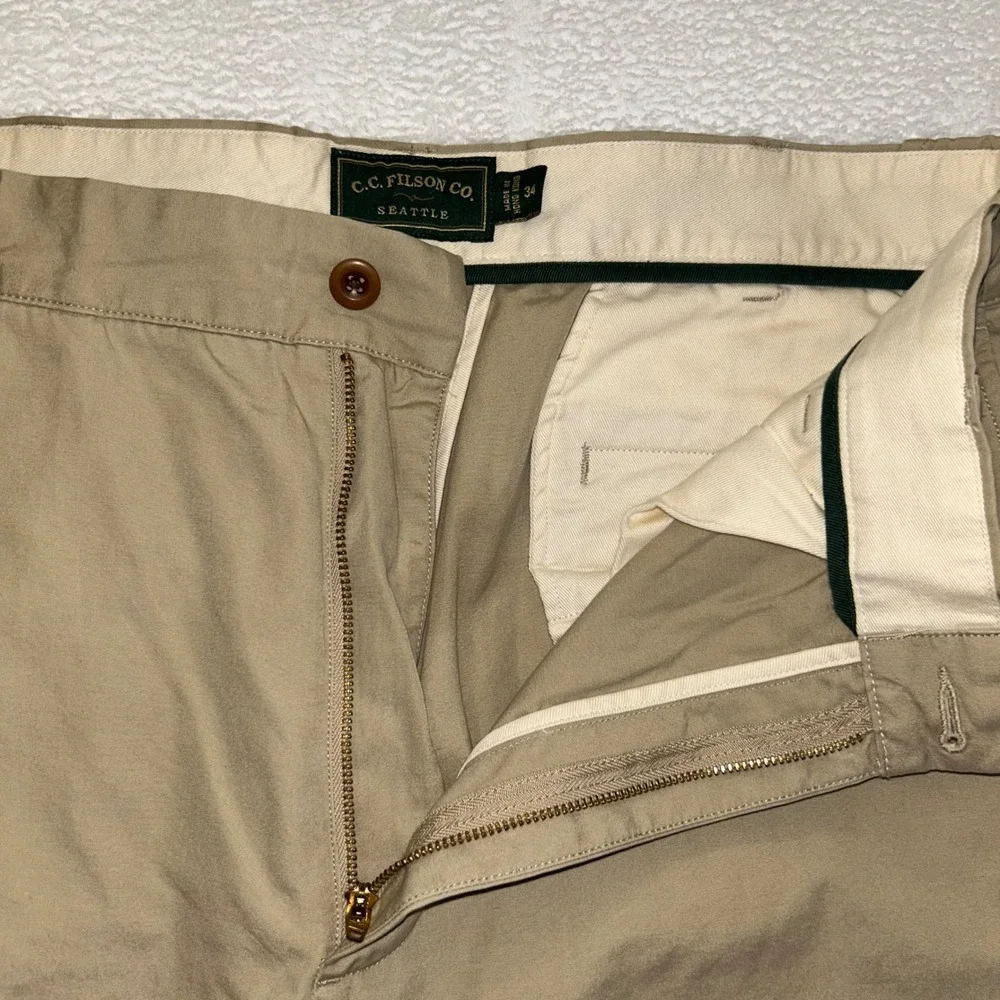 CC Filson Chino Trousers Baggy Wide Leg Mens 34 Khaki Seattle Flat Front Cotton